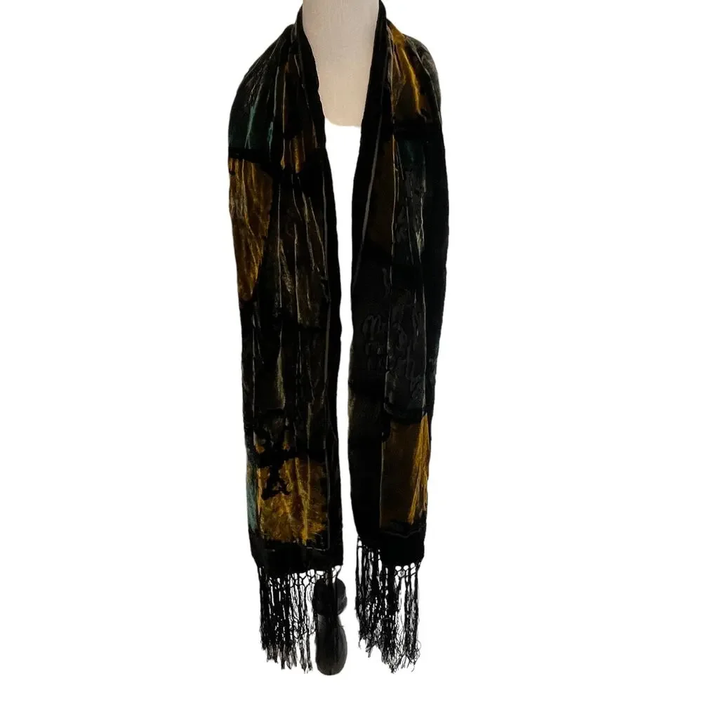 Burnout Velvet Playing Card Scarf Womens Black Teal Brown Fringed Spade Heart